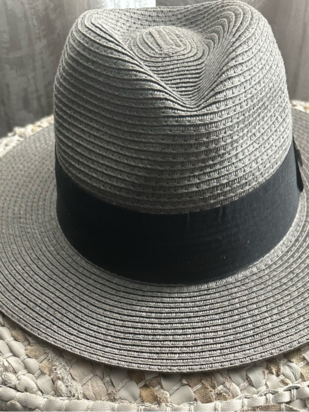Peter Grimm Gray Woven Fedora with Black Logo Patch